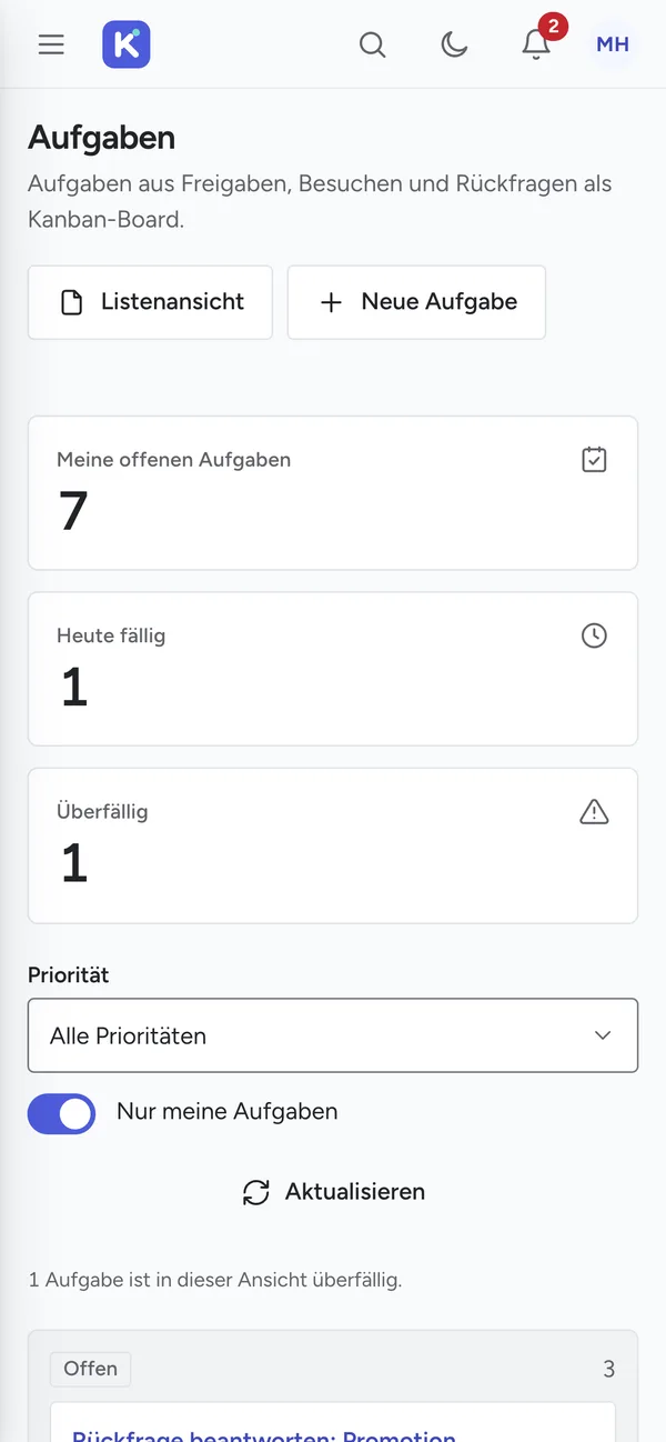 Außendienst-Ansicht, Aufgaben: Kacheln zu offenen, heute fälligen und überfälligen Aufgaben, Filter nach Priorität, Schalter „Nur meine Aufgaben“ und der Beginn der Spalte Offen im Board.