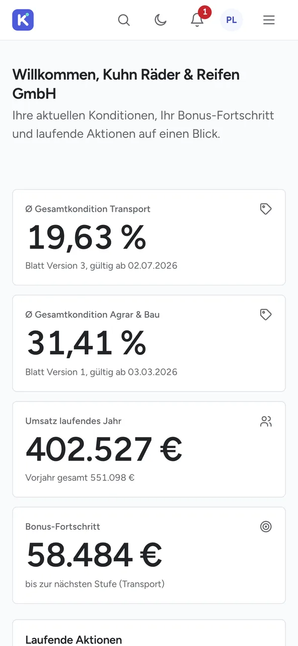 Händlerportal von Konvia auf dem Smartphone: Konditionen, Umsatz und Bonus-Fortschritt eines Händlers