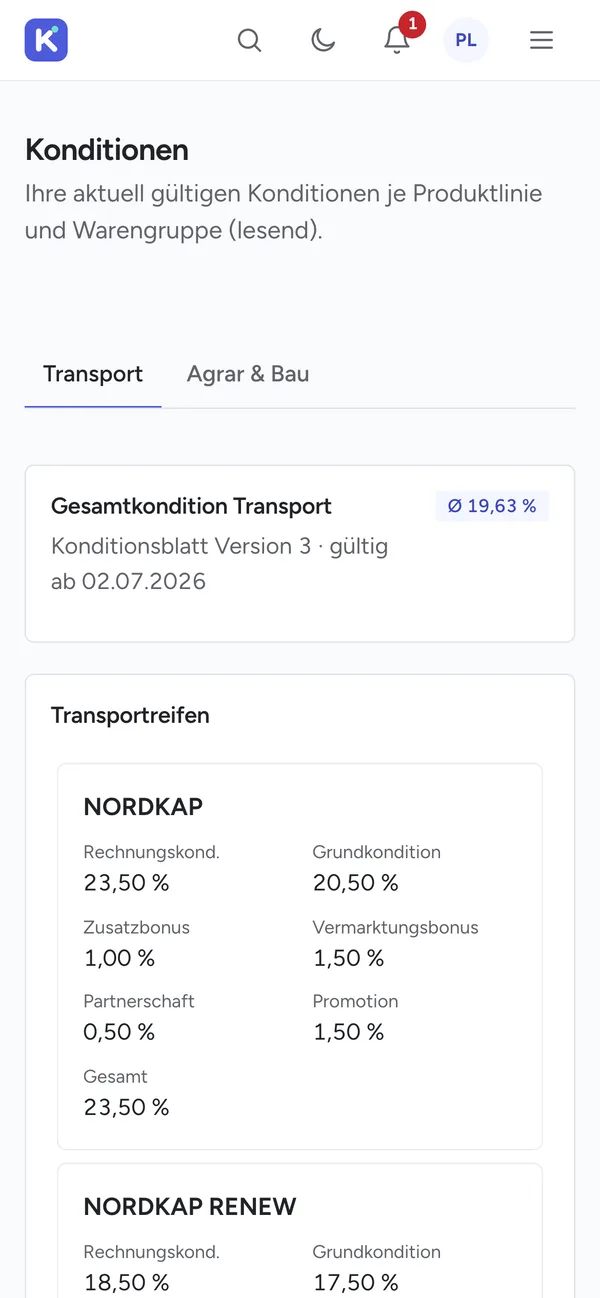 Konditionen auf dem Smartphone, lesend: Gesamtkondition Transport mit Konditionsblatt Version 3 und Gültigkeitsdatum, darunter die Bestandteile der Marke NORDKAP von Grundkondition über Zusatz- und Vermarktungsbonus bis Promotion sowie der Beginn von NORDKAP RENEW.