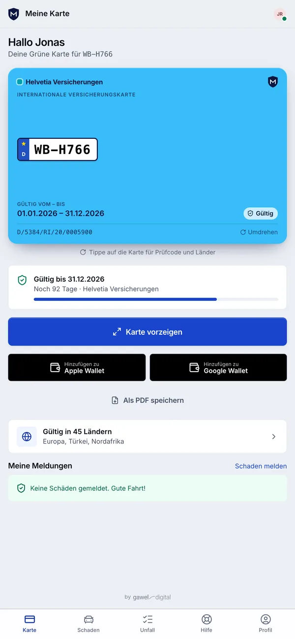 Fahrer-App von MajorFleet, Reiter Karte: Grüne Karte mit Kennzeichen und Gültigkeit, Restlaufzeit als Balken, Schaltflächen für Apple Wallet, Google Wallet und PDF