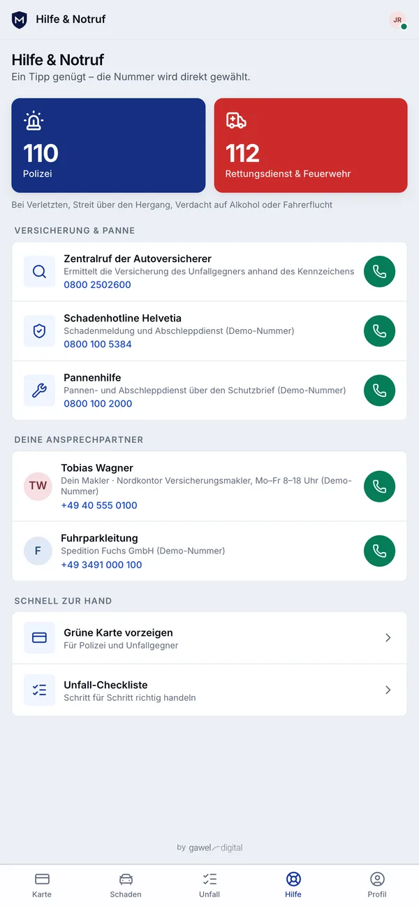 Fahrer-App, Hilfe und Notruf: Kacheln für 110 und 112, darunter Nummern für Versicherung, Pannenhilfe, Makler und Fuhrparkleitung mit Anruf-Schaltfläche.