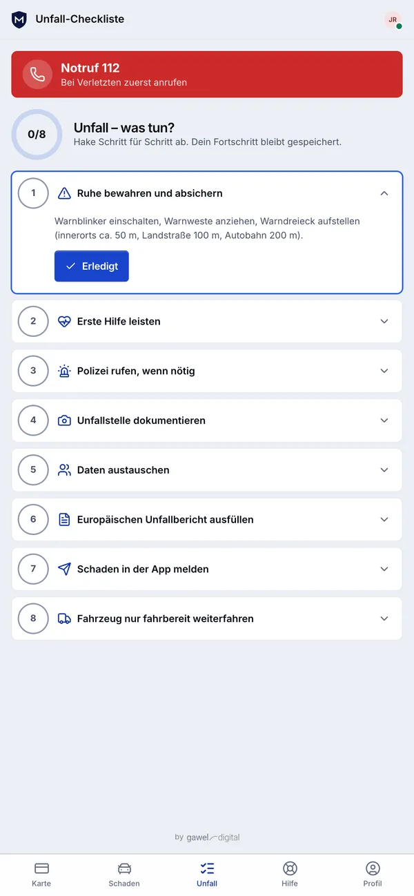 Fahrer-App, Unfall-Checkliste: Notruf 112 ganz oben, darunter acht abhakbare Schritte vom Absichern bis zum Weiterfahren.