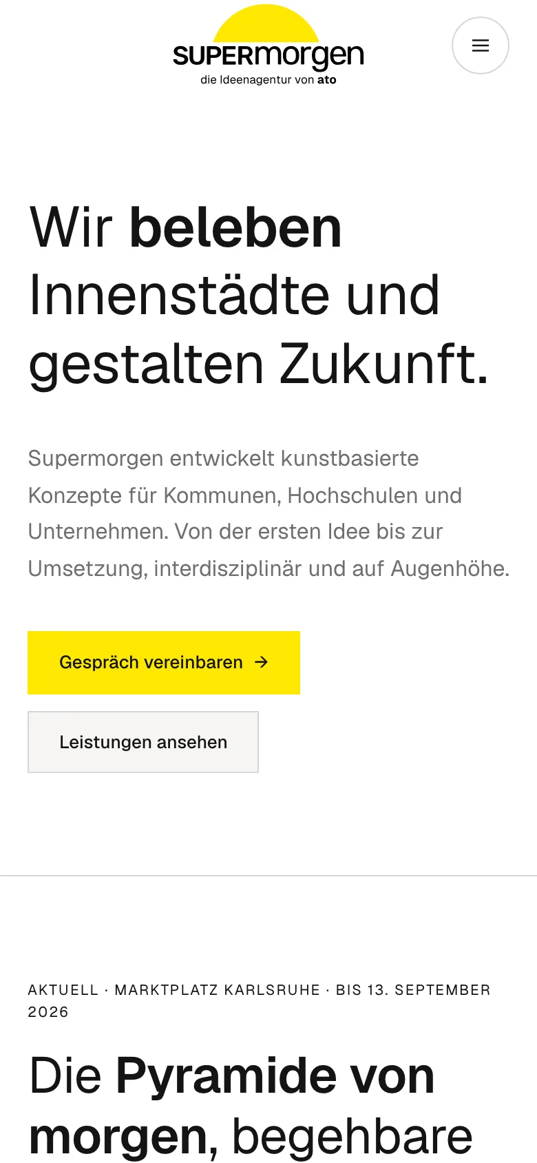 Startseite von supermorgen.de auf dem Smartphone: Headline „Wir beleben Innenstädte und gestalten Zukunft.“ mit Schaltflächen „Gespräch vereinbaren“ und „Leistungen ansehen“