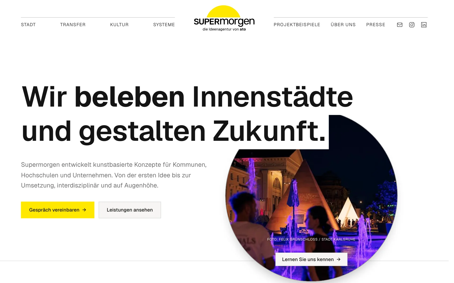 Startseite von supermorgen.de mit der Headline „Wir beleben Innenstädte und gestalten Zukunft.“